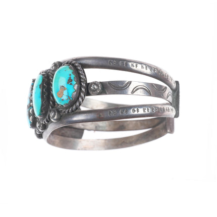7.1" c1940's vintage Navajo sterling silver row cuff bracelet w/ nice turquoise