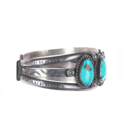 7.1" c1940's vintage Navajo sterling silver row cuff bracelet w/ nice turquoise