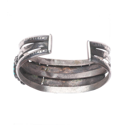 7.1" c1940's vintage Navajo sterling silver row cuff bracelet w/ nice turquoise