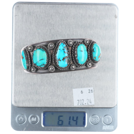 7.1" c1940's vintage Navajo sterling silver row cuff bracelet w/ nice turquoise