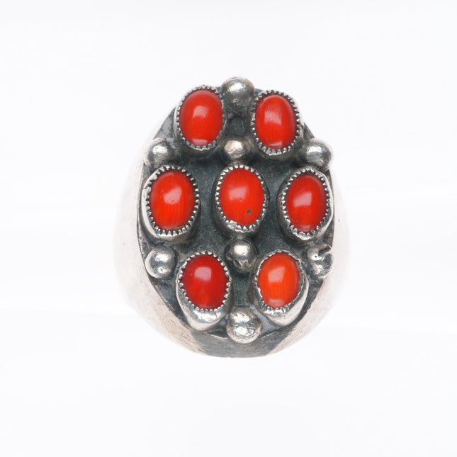 sz11 Big vintage Navajo sterling silver men's ring red coral cluster