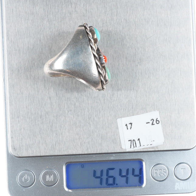 sz11 Big vintage Navajo sterling silver men's ring red coral and turquoise