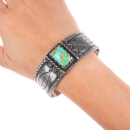 7" Vintage Navajo Revival stamped sterling silver turquoise cuff bracelet