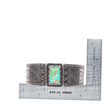 7" Vintage Navajo Revival stamped sterling silver turquoise cuff bracelet