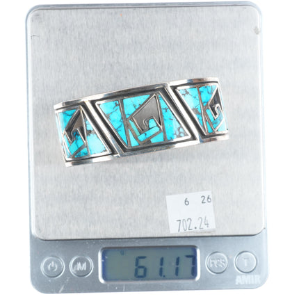 7" Vintage Zuni sterling silver turquoise inlay cuff bracelet wave/water design