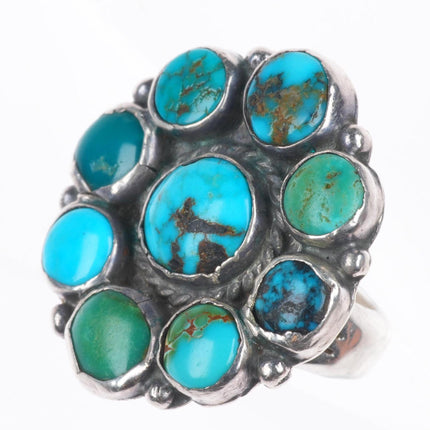sz6 c1930 Big vintage Zuni sterling silver cluster ring with nice turquoise