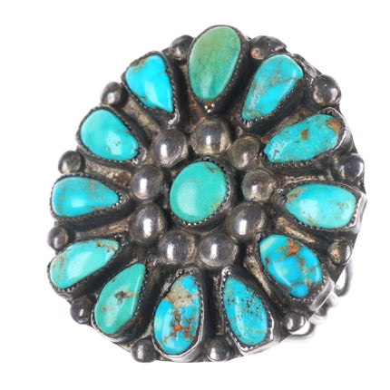 sz11 c1930 Big vintage Zuni high grade turquoise cluster sterling silver ring