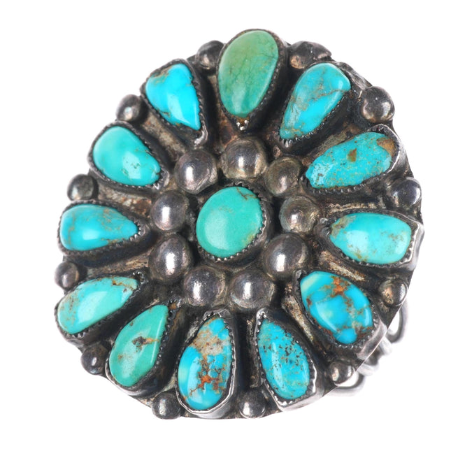 sz11 c1930 Big vintage Zuni high grade turquoise cluster sterling silver ring