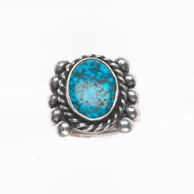 sz8.5 Antique Navajo Lone Mountain turquoise ingot silver beaded accent ring