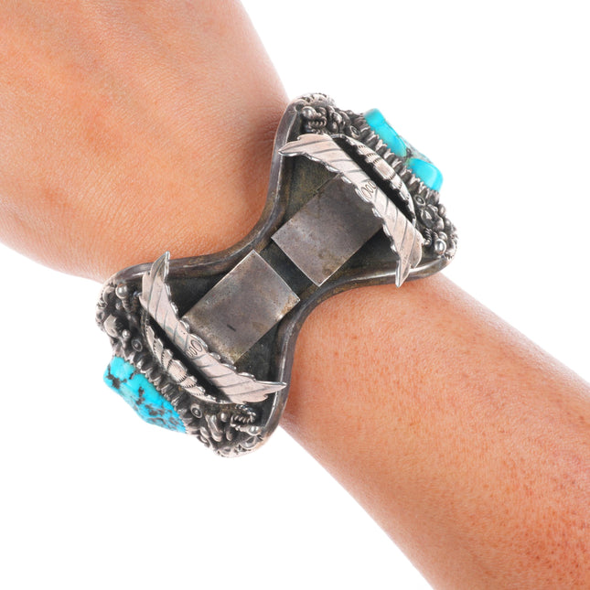 7" Heavy vintage Navajo sterling silver turquoise/coral watch cuff bracelet