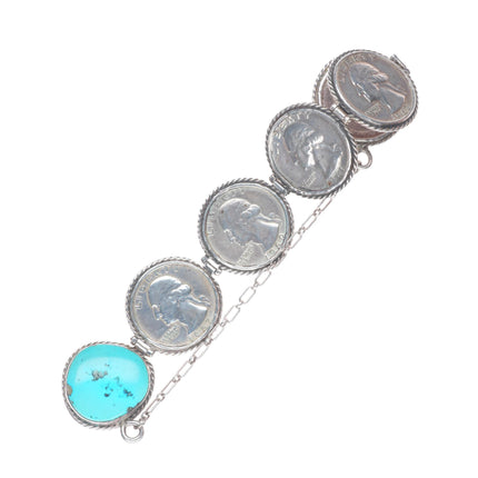 6.25" Vintage southwestern sterling silver turquoise  90% quarters link bracelet