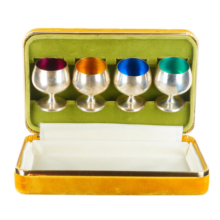 Set Gorham Modernist sterling silver colored enamel footed shot glass set
