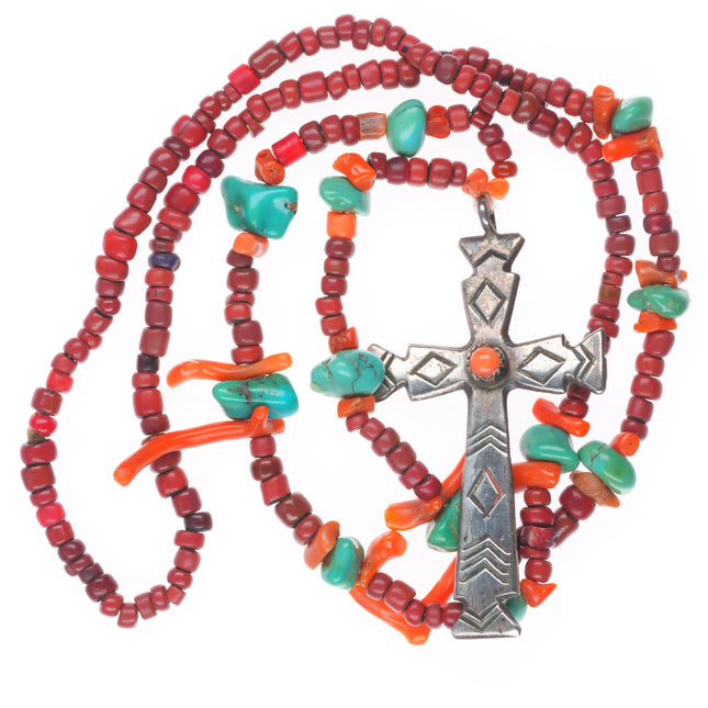 26" Vintage Navajo coral/turquoise sterling silver cross necklace/pendant rosary