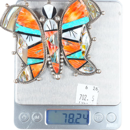 Huge southwestern sterling silver turquoise/spiny oyster butterfly pendant/pin