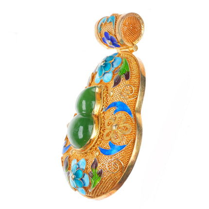 Large vintage nephrite jade gilt sterling silver enamel Chinese pendant