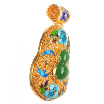 Large vintage nephrite jade gilt sterling silver enamel Chinese pendant