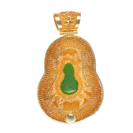 Large vintage nephrite jade gilt sterling silver enamel Chinese pendant