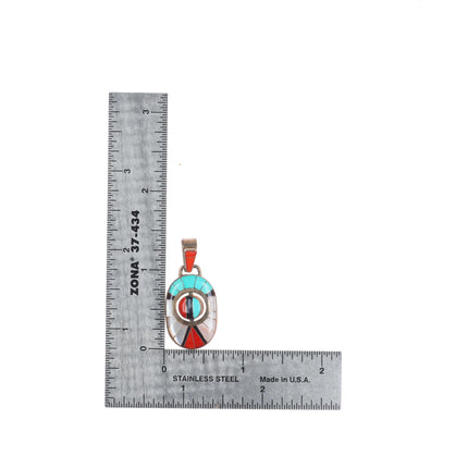 Don Dewa Zuni sterling silver, turquoise, coral, shell spinner pendant