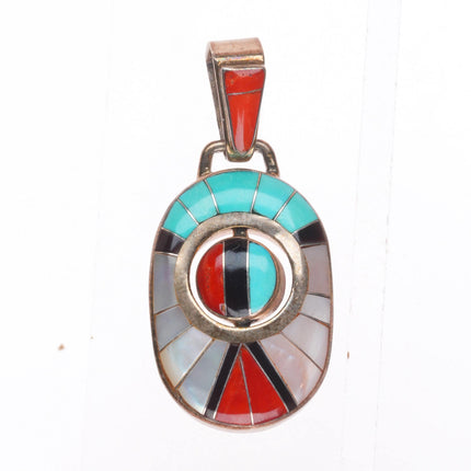 Don Dewa Zuni sterling silver, turquoise, coral, shell spinner pendant