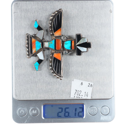 Large 1940's Zuni carved wings spiny oyster/turquoise knifewing pin/brooch