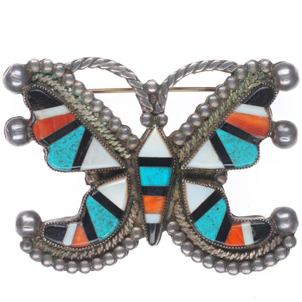 c1940's Vintage Zuni sterling silver turquoise/spiny oyster butterfly pin/brooch