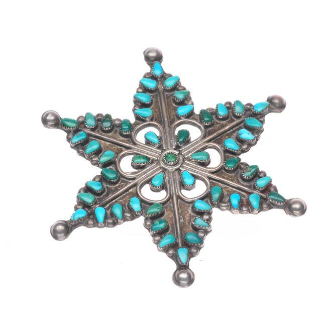 Vintage Zuni sterling silver petit point turquoise snowflake/star pin/brooch