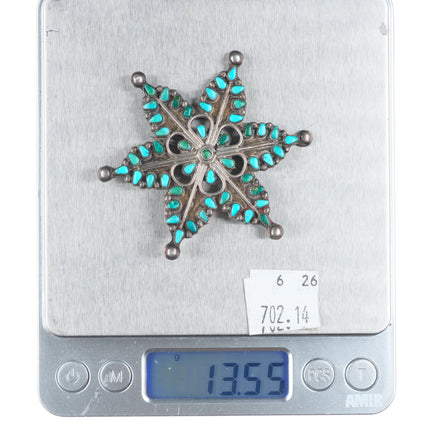 Vintage Zuni sterling silver petit point turquoise snowflake/star pin/brooch