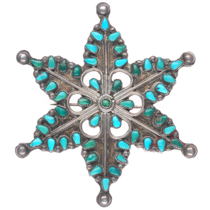 Vintage Zuni sterling silver petit point turquoise snowflake/star pin/brooch