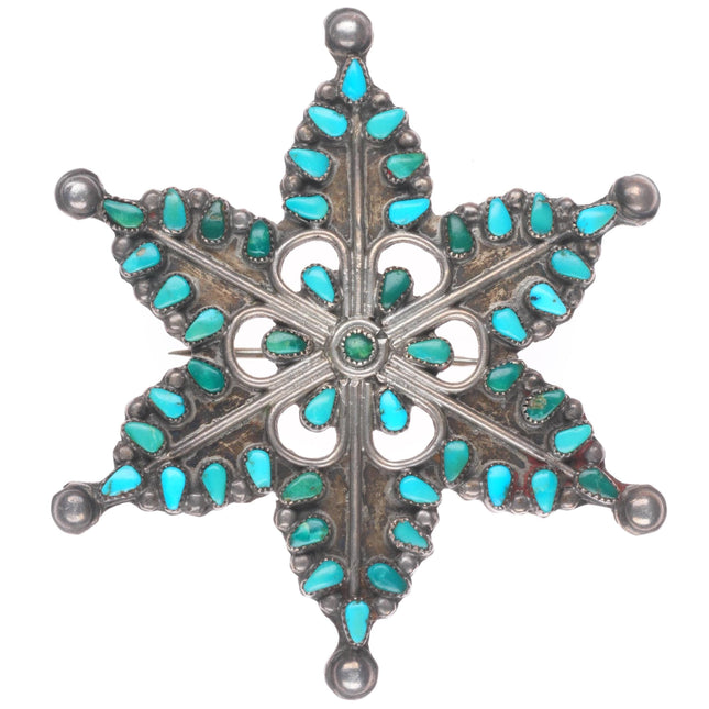 Vintage Zuni sterling silver petit point turquoise snowflake/star pin/brooch