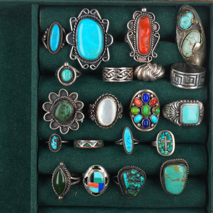 sz3-12 Southwestern/Navajo sterling silver turquoise/coral/shell ring lot