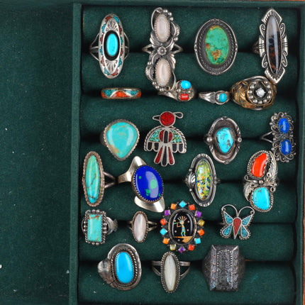 sz3-10 Southwestern/Navajo sterling silver turquoise/coral/shell ring lot