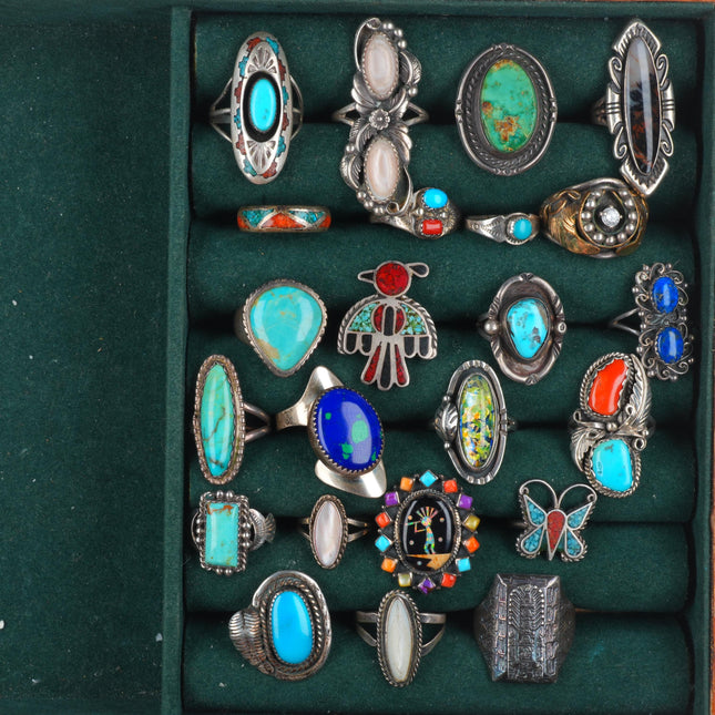 sz3-10 Southwestern/Navajo sterling silver turquoise/coral/shell ring lot