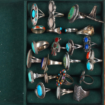 sz3-10 Southwestern/Navajo sterling silver turquoise/coral/shell ring lot