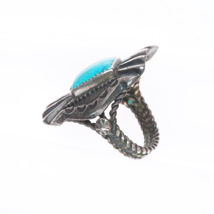 sz8.5 c1930's Vintage Navajo Chiseled/stamped sterling silver turquoise ring