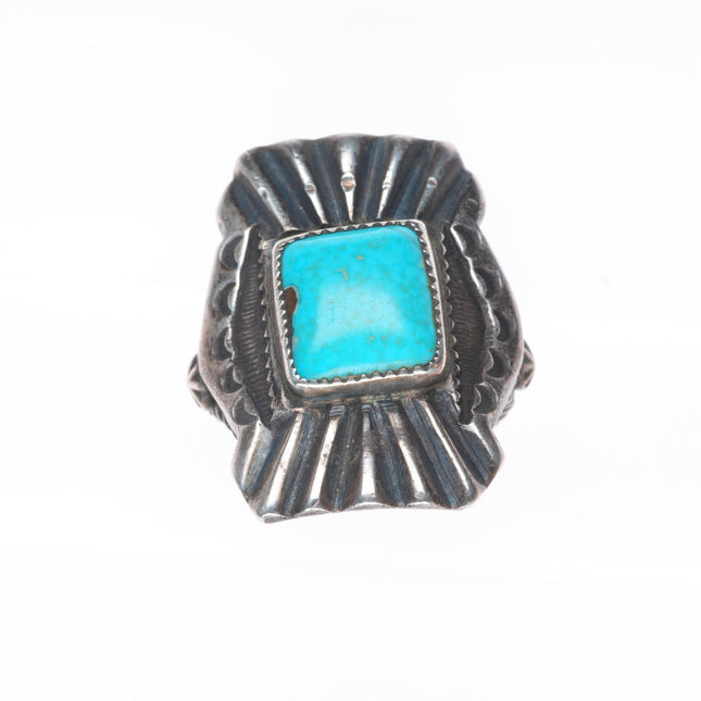 sz8.5 c1930's Vintage Navajo Chiseled/stamped sterling silver turquoise ring