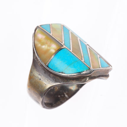 sz13 Big vintage Zuni sterling silver turquoise/shell channel inlay men's ring
