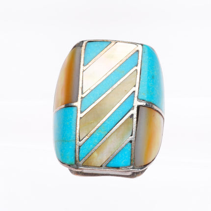 sz13 Big vintage Zuni sterling silver turquoise/shell channel inlay men's ring