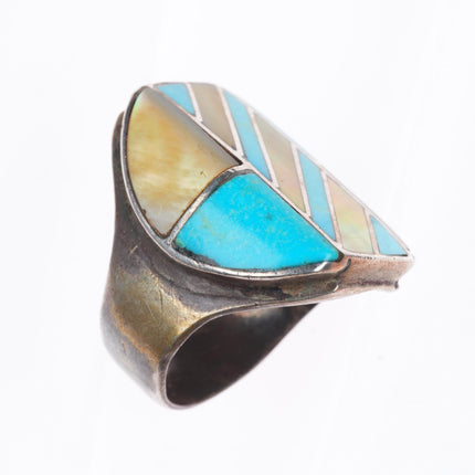 sz13 Big vintage Zuni sterling silver turquoise/shell channel inlay men's ring