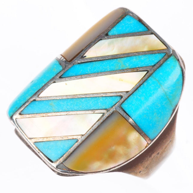 sz13 Big vintage Zuni sterling silver turquoise/shell channel inlay men's ring