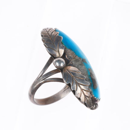 sz7 Vintage Navajo sterling silver feather accented turquoise ring