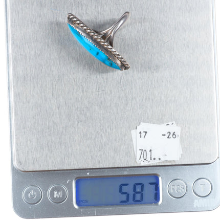 sz7 Vintage Navajo sterling silver feather accented turquoise ring