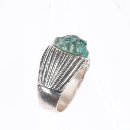 sz9 Vintage Navajo ribbed sterling silver green turquoise  men's ring