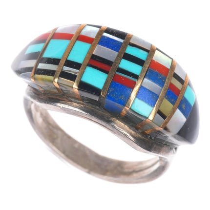 sz7.75 Lee Edaakie Zuni sterling silver multi-stone channel inlay ring