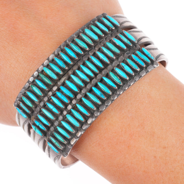 6.1"  40's-50's vintage Zuni needlepoint turquoise sterling silver cuff bracelet