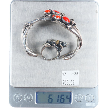 6.1" sz5 Sam Patania Modernist sterling silver/18k gold coral cuff bracelet/ring