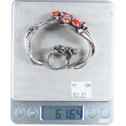 6.1" sz5 Sam Patania Modernist sterling silver/18k gold coral cuff bracelet/ring