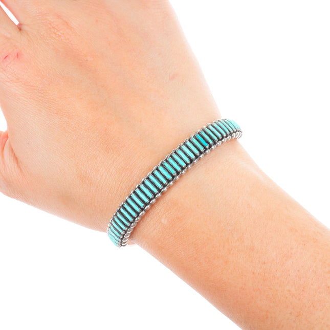 6.3" Cal Eustace Zuni sterling silver needlepoint turquoise row cuff bracelet