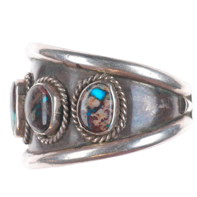 6.3" 1950's Bisbee Turquoise vintage Navajo sterling silver row cuff bracelet