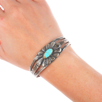 6.4" Fred Harvey #8 turquoise sterling silver rayed bezel cuff bracelet