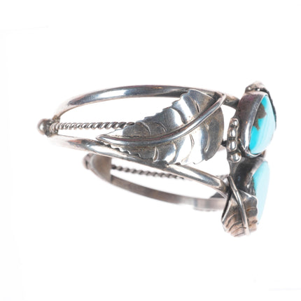 6.5" Vintage Navajo sterling silver 2 stone turquoise leafwork cuff bracelet